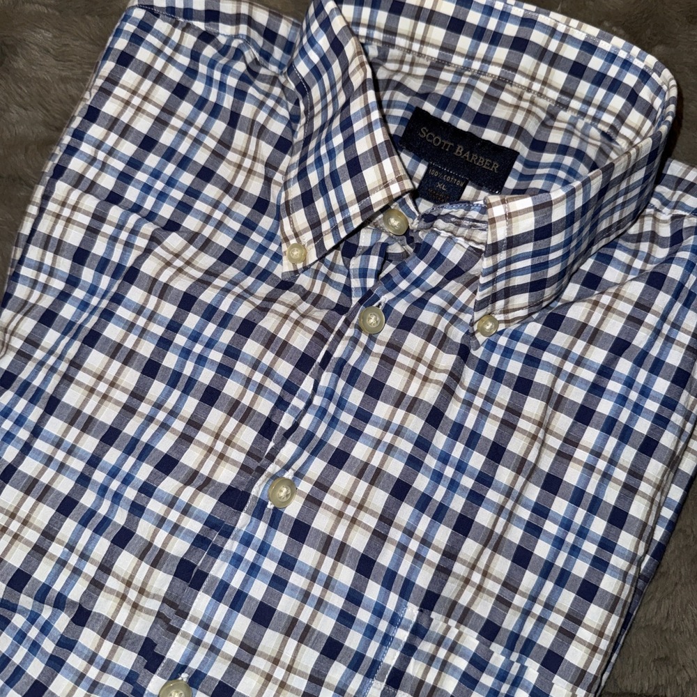 Scott Barber Men's XL Blue Tan Plaid Button‎ Down Shirt Short Sleeve Cotton